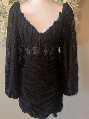 Astr Black Corset Lace Long Bell Sleeve Mini Dress